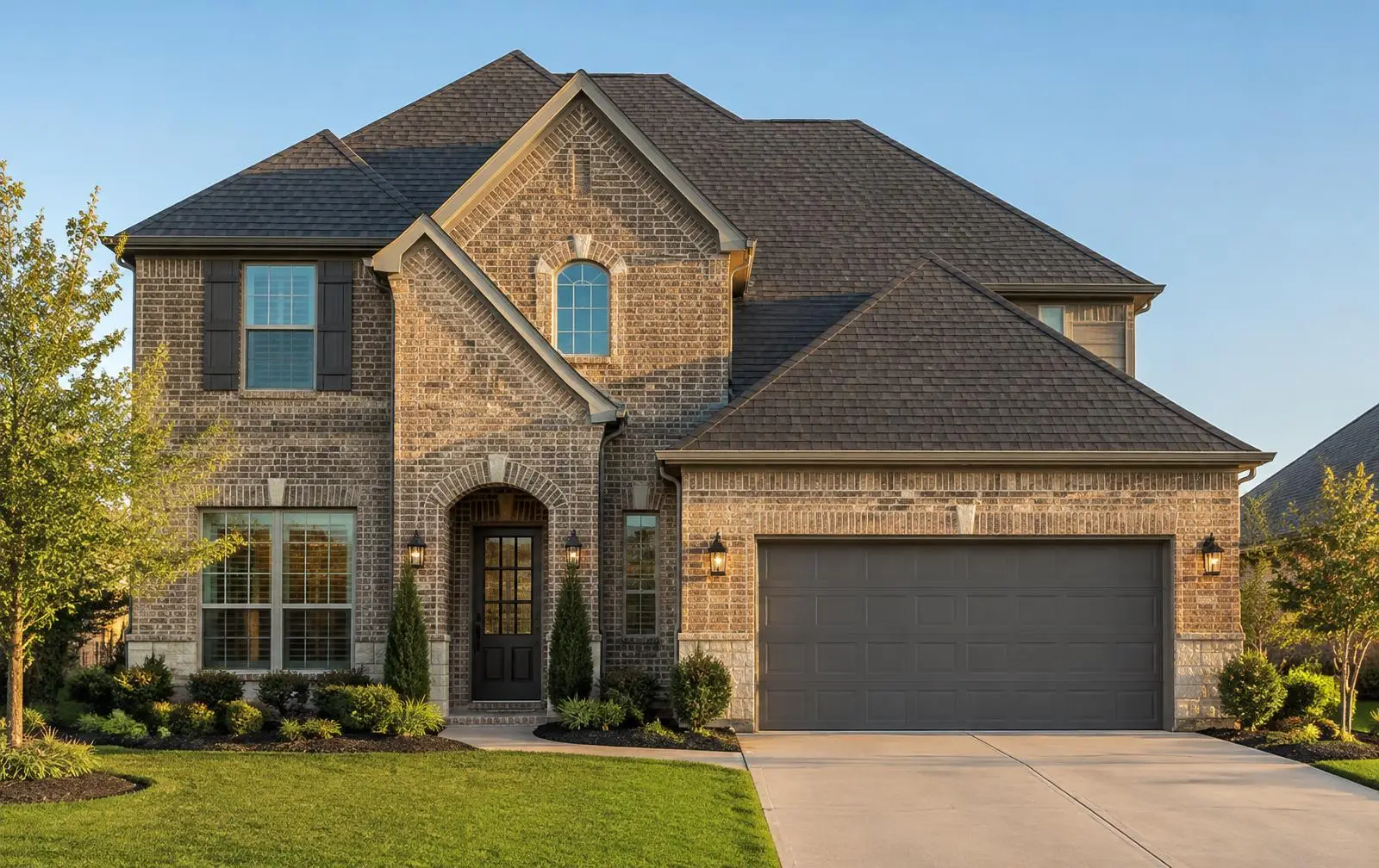 Illustrative photo of a brick home with a dark architectural shingle roof