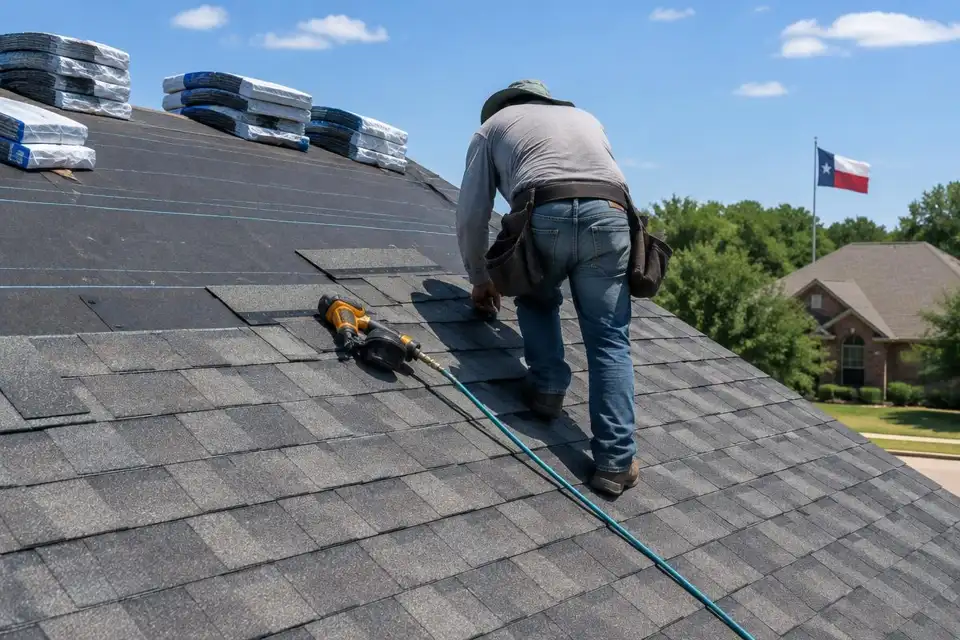 Illustrative photo of new architectural shingles being installed